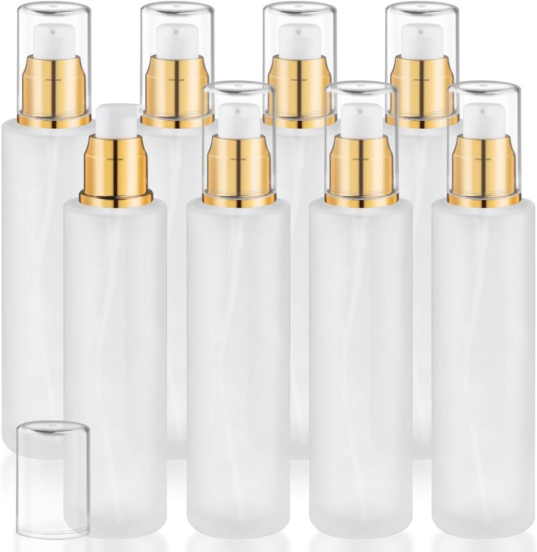 8 Pcs 120ml/4oz Frosted Glass Bottles Refillable Pump Dispenser Jar Travel Lotion Vials with Plastic Pump Head for Toiletry Liquid Foundation Cream Cosmetic Samples - Gold