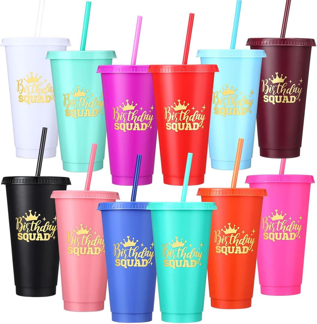 Potchen 12 Pcs Birthday Squad Cups 24 oz Birthday Queen Tumblers Cup for Women Reusable Plastic Cups with Lids and Straws for Women Wedding Galentines Anniversary Decorations Party Supplies Favor
