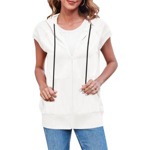 Fisoew Women's Sleeveless Zip Up Hoodies Casual Loose Fit Drawstring Sweatshirts Lightweight Jackets Vest with Pockets (XX-Large, White)