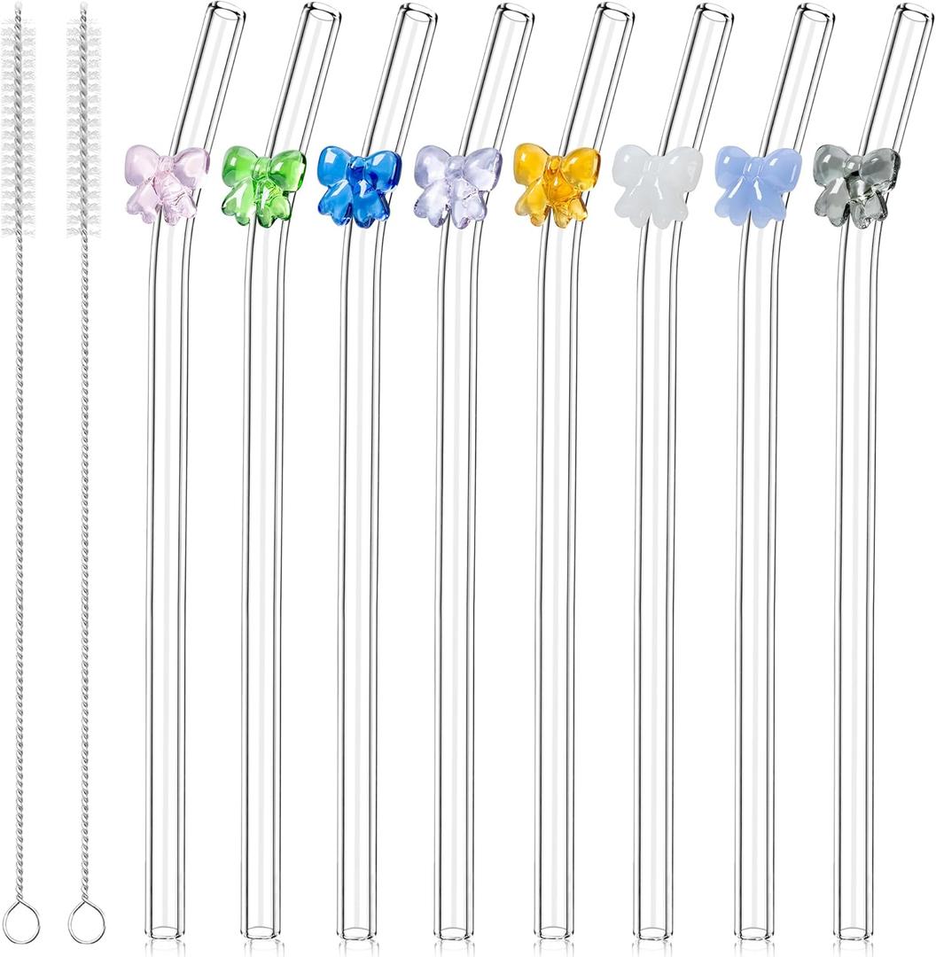 8 Pcs Fashionable Glass Straws with Bow Charms, Shatterproof Cute Fun Clear Bent Straws, Includes 2 Cleaning Brushes, Perfect for Cocktails, Coffee, Wine, Juices and Bar Drinks (Bow)