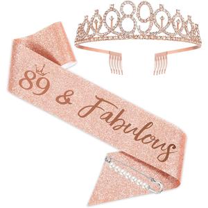 BRT Bearingshui 89th Birthday Sash and Tiara for Woman, Rose Gold Birthday Sash Crown 89 Fabulous Sash and Tiara for Woman, 89th Birthday Gifts for Happy 89th Birthday Party Favor Supplies