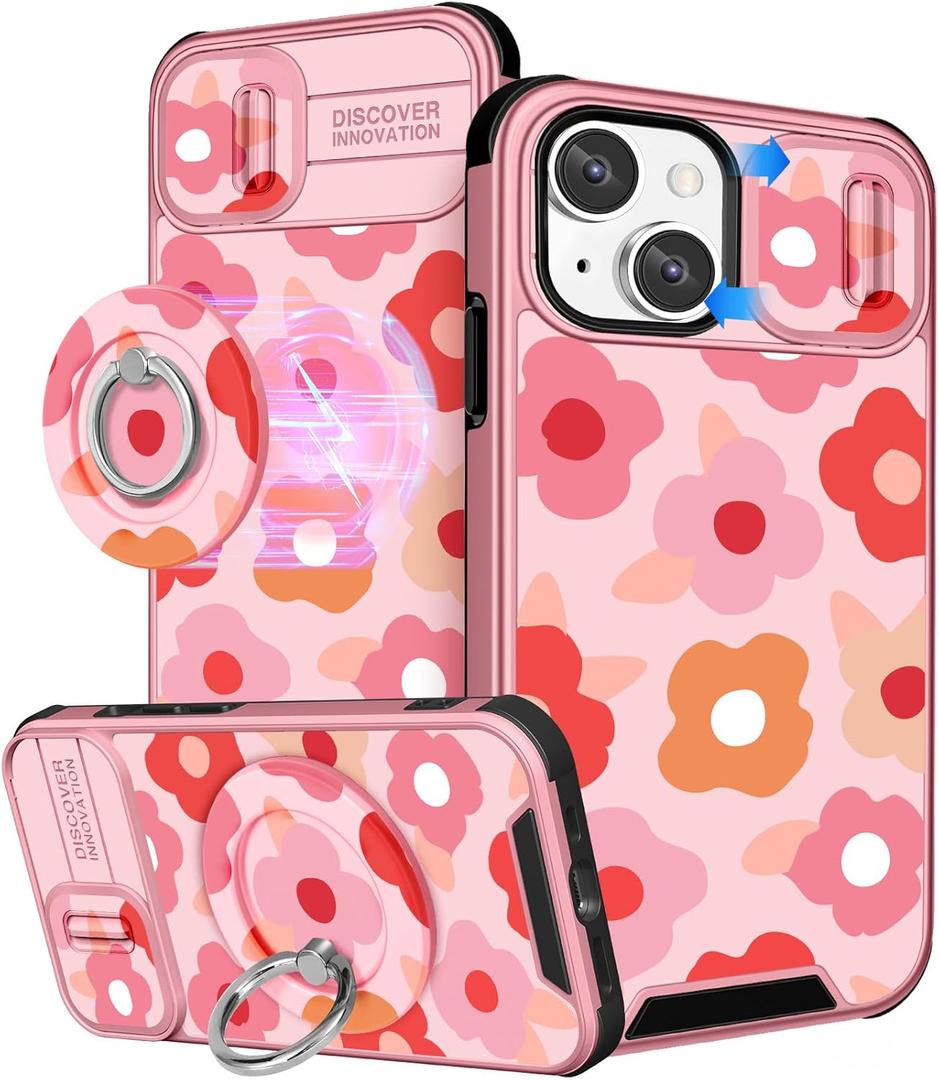 Buleens for iPhone 15 Plus Case 6.7 Inch - with Ring Stand & Camera Cover Aesthetic Cute Designed for Women Girls Girly Pretty Floral Flowers for iPhone 15 Plus Phone Case Compatible with Magsafe