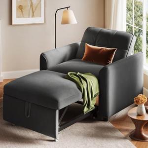 YITAHOME Convertible Sofa Chair Bed, 3-in-1 Sleeper Sofa with Pull-Out Bed, Velvet Fabric Single Sleeper Chair with Reclining and Button Tufted Backrest, Modern Lounge Chair for Small Space, Grey