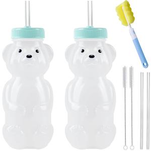 Honey Bear Straw Cups, Juice Bear Bottle Drinking Cup Long Straws with 4 Flexible Straws & Cleaning Tools, 8-Ounce Therapy Sippy Bottles for Speech and Feeding Training, Food-Grade & BPA Free 2 Pack, Aqua