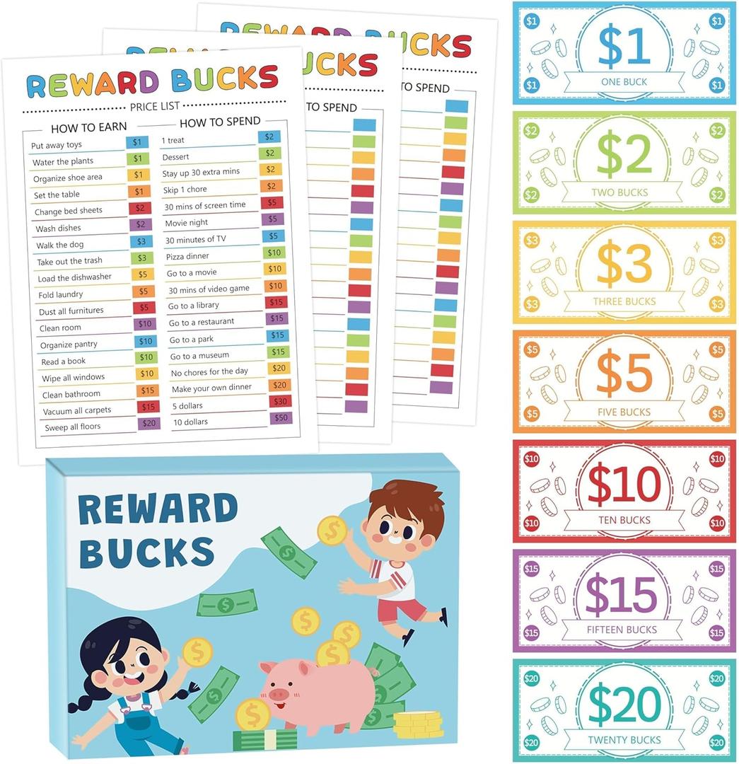EZdhuawuse Reward Bucks Charts for Kids - 633Pcs Back to School Gifts Good Behavior Reward Chore Chart, Family Housework Arrangement Earn Commend Coin Props, Play Game Behavior List for Parent Child