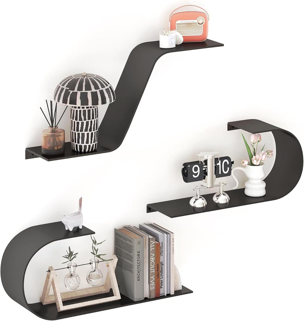 Black Floating Shelves Set of 3, Black Metal Decor, Unique Mounted Floating Shelf, Modern Long Wall Shelf, Large Wall Shelves for Bedroom, Bathroom, Living Room