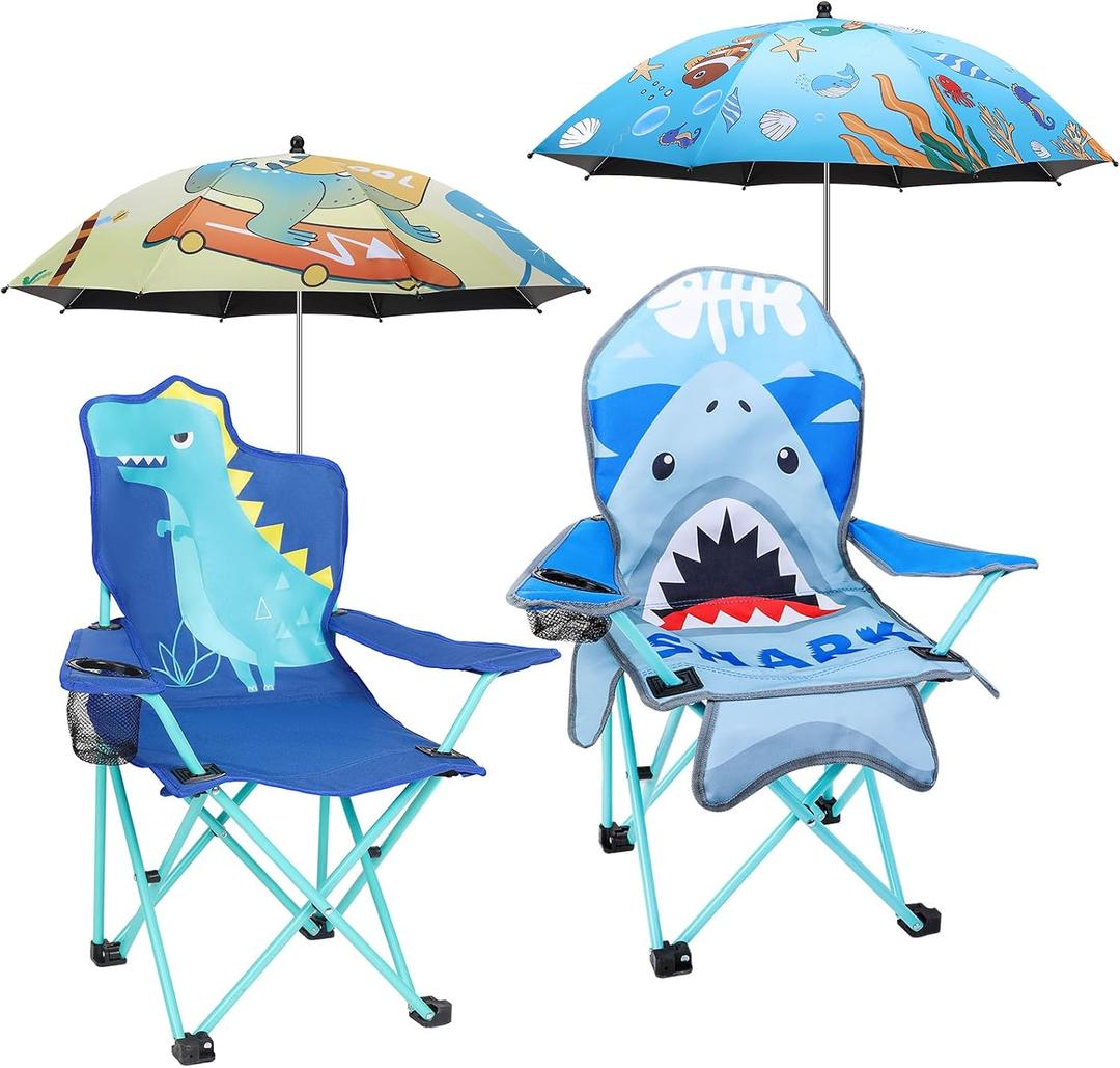 KABOER 2 Pcs Kids Shark and Dinosaur Pattern Outdoor Folding Camping Chair with Cup Holder and Carrying Bag and 2 Umbrellas for Beach Picnic Camping Travel Lawn, 14 inches x 14 inches x 30 inches