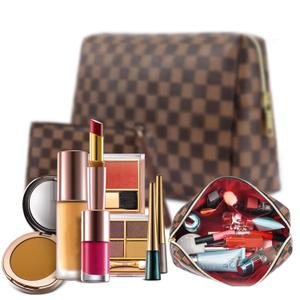 Checkered Makeup Bag, 2-Piece Leather Waterproof Cosmetic Bag, Portable Travel Zipper Toiletry Case for Women Girl Holiday Gift