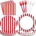 96Pcs Red and White Striped Party Supplies Red and White Striped Paper Plates and Napkins New Year Tableware Set Circus Theme Party Decorations for New Years Eve Carnival Birthday Picnic BBQ Serves 24