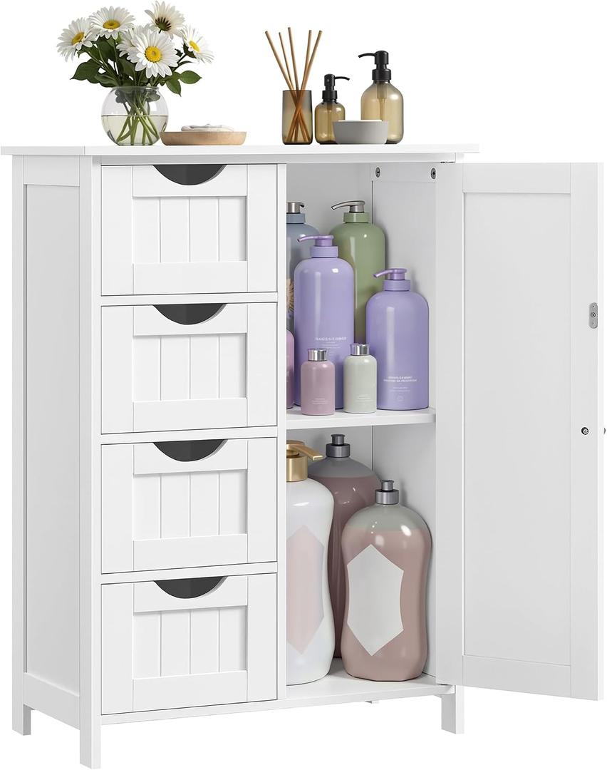 VASAGLE Storage Cabinet with Drawers, Freestanding Floor Cabinet with Door, 13.8 x 25.6 x 35.4 Inches, Adjustable Shelf, for Bathroom, Living Room, Kitchen, Cloud White ULHC042WH01S