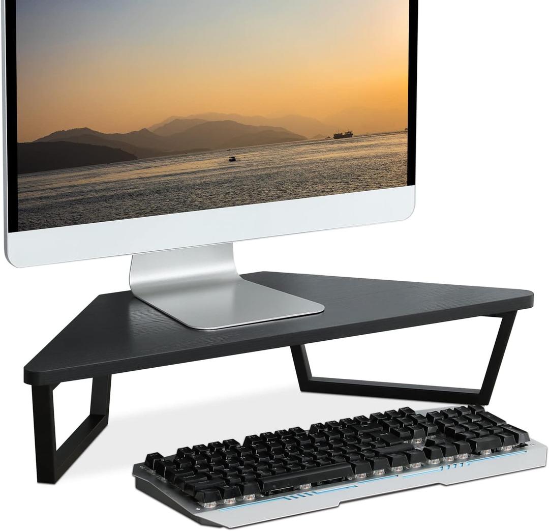 TEAMIX 26 inch Triangle Monitor Stand Riser, Desktop Corner Shelf with Metal Leg Wood Computer Stand with Storage Laptop Riser Office Organization (Black)