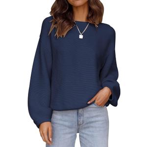 ZESICA Women's Crew Neck Long Lantern Sleeve Casual Loose Ribbed Knit Solid Soft Pullover Sweater Tops (Navy), M