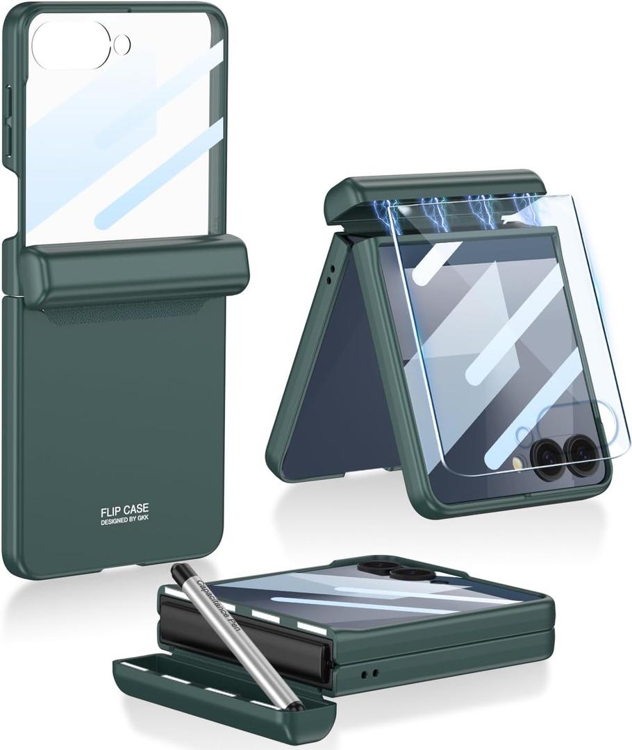for Samsung Galaxy Z Flip 7 Case with S Pen,Slim PC All-Inclusive Shockproof Cover with Magnetic Hinge Protection + Tempered Glass Screen Protector for Samsung Galaxy Z Flip 7 5G (Green)