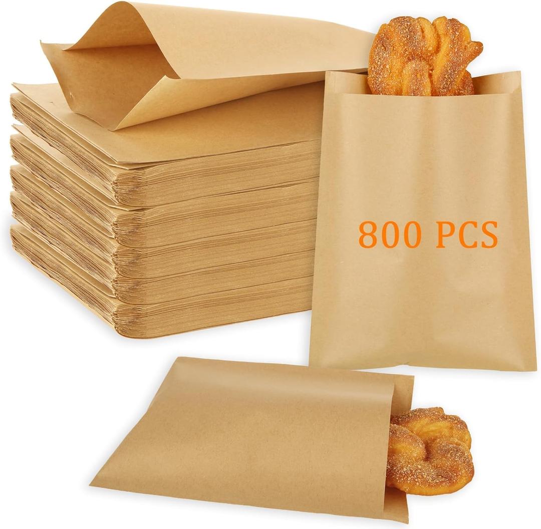 WOPPLXY 800 Pack Kraft Paper Sandwich Bags, 8 x 6 Inch Wax Paper Bags, Brown Paper Treat Bag, Breakfast Paper Bag, Flat Greaseproof Bags for Bakery, Cookies, Snacks, Sandwiches