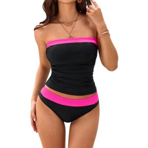 SOLY HUX Tankini Swimsuits for Women Color Block Bandeau Ruched Bikini Two Piece Bathing Suits (Small, Black and Pink)