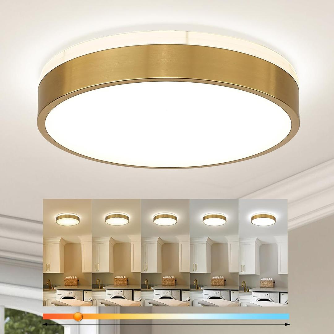 Ken & Ricky 12 Inch Brushed Gold Flush Mount Ceiling Light,Round Flat Led Ceiling Light Dimmable,Close to Ceiling Light Fixtures for Kitchen Bathroom Bedroom Hallway 5CCT 24W 1PK
