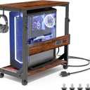 Hovadova Height Adjustable Computer Tower Stand with Charge Station and USB Charging Port, 2-Tier ATX-Case Cart, Under Desk Mobile PC Stand, CPU Holder Cart with Locking Caster Wheels for Fits Most PC (Brown)
