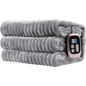 Electric Heated Blanket Twin-Size 62x84 Inch - Ultra Soft Silky Flannel with Ribbed Texture, 10 Heating Levels and 12 Hours Auto-Off Feature - Gray