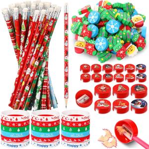PerKoop 240 Pcs Christmas School Stationery Set Christmas Classroom Gifts Prizes Bulk Include Pencils Eraser Sharpener Silicone Bracelet for Students Kid Party Favor Holiday Stockings Filler Goodie