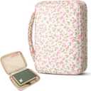 Aliceset Large Bible Cover Case for Women 10.2"x7.9"x2.1" Pink Floral Quilted Cotton Bible Carrying Cases Protective Bag with Handle and Zippered Pocket for Christian Study Supplies Church Gifts