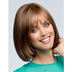 TISHINING Brown Highlights Short Bob Wig with Bangs Wigs for Women Chin Length Brown Mix Blonde Straight Hair Synthetic wig Natural Looking Daily Party Wig (12 Inch)