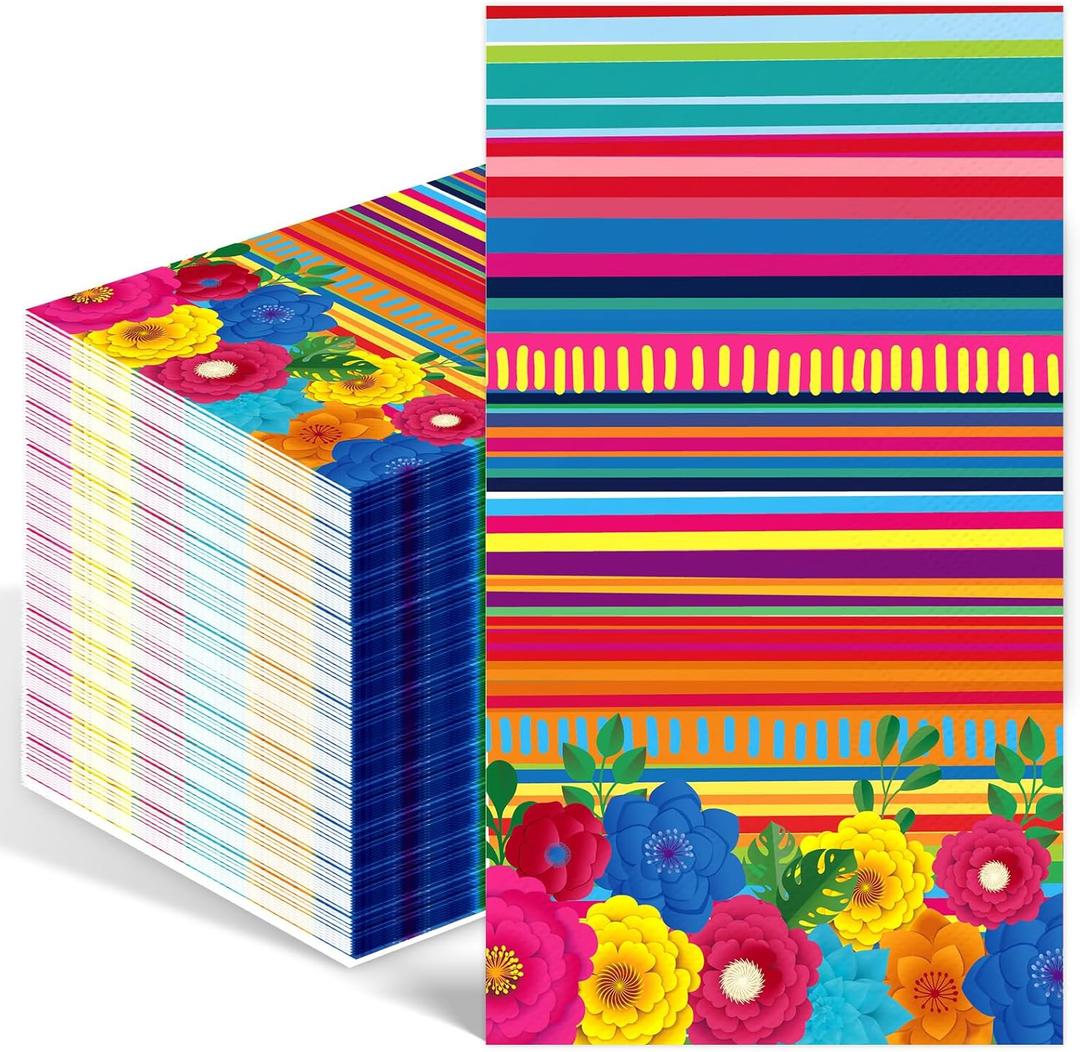 100PCS Mexican Fiesta Paper Napkins Disposable Hand Towels for Bathroom 3 Ply Cinco De Mayo Guest Napkins Colorful Fiesta Floral Stripe Dinner Napkins for Wedding Birthday Mexico Taco Party Supplies