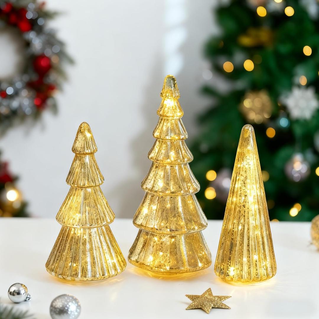 Glasseam Gold Christmas Centerpieces for Table: Set of 3 Mercury Glass Christmas Tree with Lights Tabletop Xmas Trees with Timer for Decorations Indoor Ornaments Fireplace Mantel Decor
