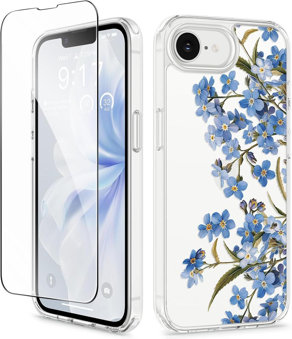 GVIEWIN for iPhone 16e Case with Screen Protector,[Non-Yellowing][Military-Grade Protection] Hard PC&TPU Bumper,Floral Shockproof Protective Clear Phone Case for iPhone 16E 2025 (Aconite/Blue)