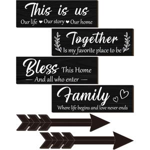 Thyle 6 Pcs Home Wall Decor Signs, This Is Us/Together/Bless/Family Wooden Wall Art with Quotes for Living Room Bedroom Kitchen Farmhouse Decor, Housewarming Gifts, Black