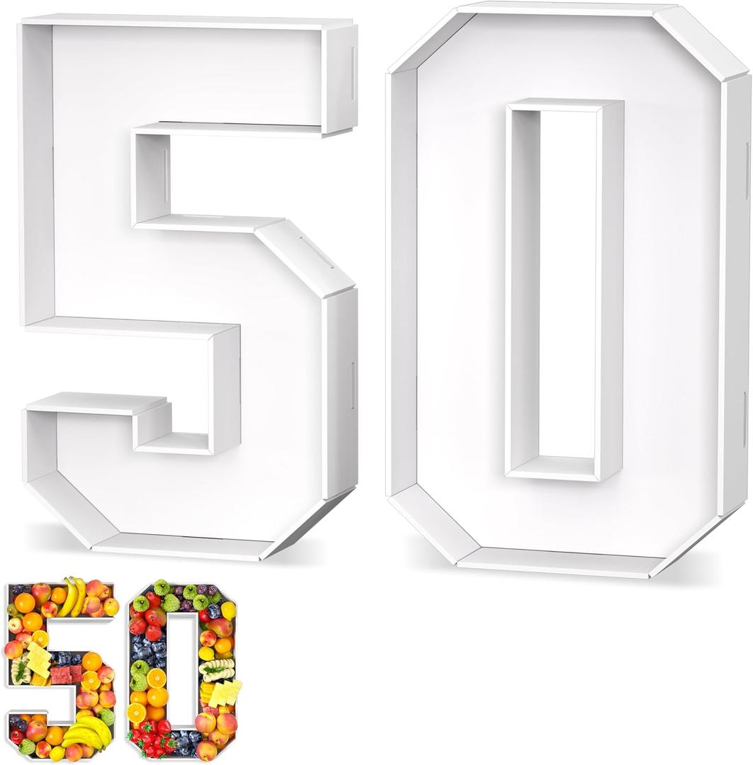 Paready 13.78'' Fillable Cardboard Number 50, Charcuterie Foam Board Number 50, Food Fillable Number Shaped Sweets Flower Candy Cupcake Container Box for 50th Anniversary Birthday Party Decoration