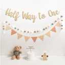 Half Way to One Birthday Banner Pre-Strung Pennant Felt Fabric Banner Flags and Pom Pom Garland, Party Hat for Half Birthday Decorations, Reusable Half Way to One Bunting Sign for Girl Boy 6 Months