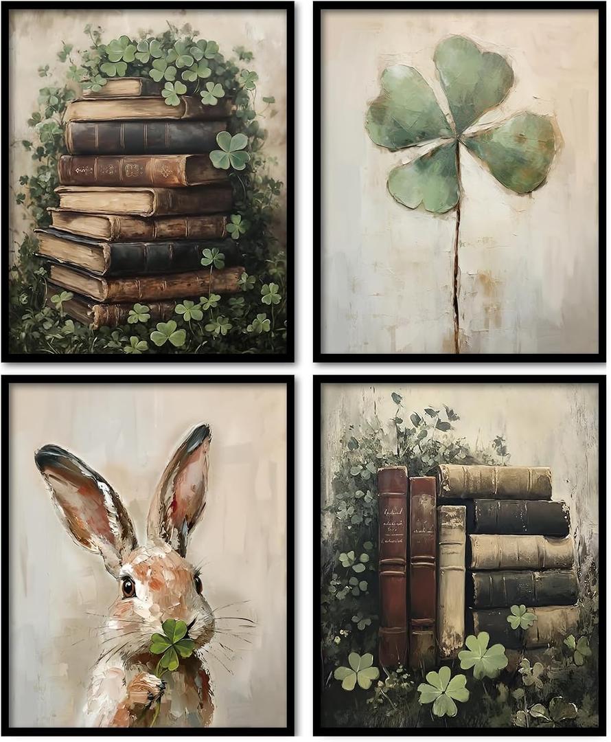 KDHTY Vintage Easter Bunny Decor Rabbit Wall Art,Moody Botanical Easter Dark Academic Book Wall Decor,Rustic Green Plant Farmhouse Prints for Reading Room Living Room Library Classroom Decorations