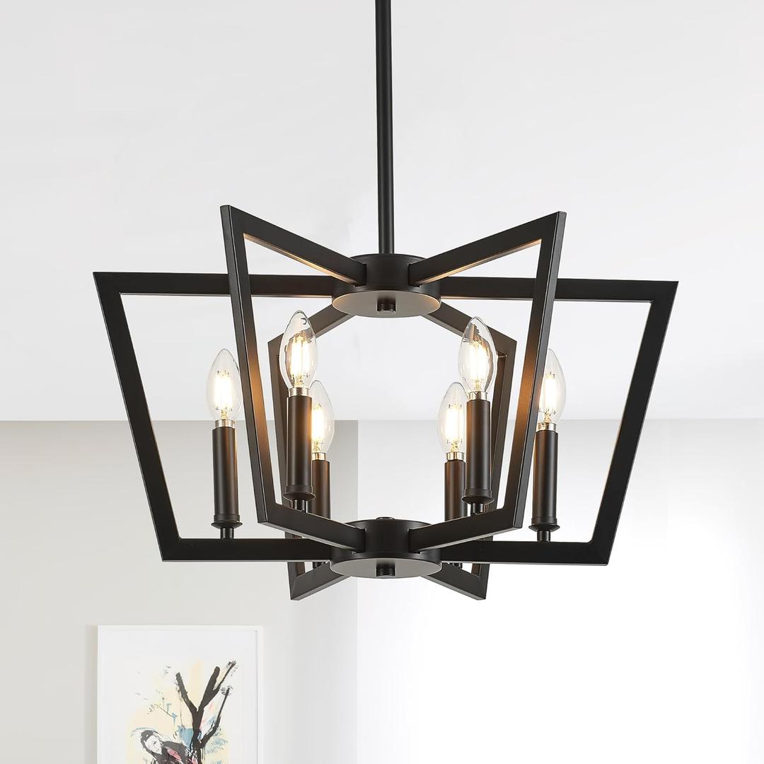 6-Light Black Metal Chandelier for Dining Room, Modern Farmhouse Geometric Industrial Pendant Light Fixture for Living Room Entryway Kitchen Island