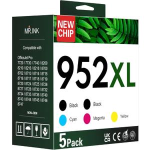 952XL Ink Cartridges Black Color 5 Combo Pack Compatible for HP 952 XL HP952 HP952XL to OfficeJet 8710 8720 7740 8725 8210 8715 8702 8740 7720 8730 8216 8700 Printer Black Cyan Magenta Yellow (5-Pack)