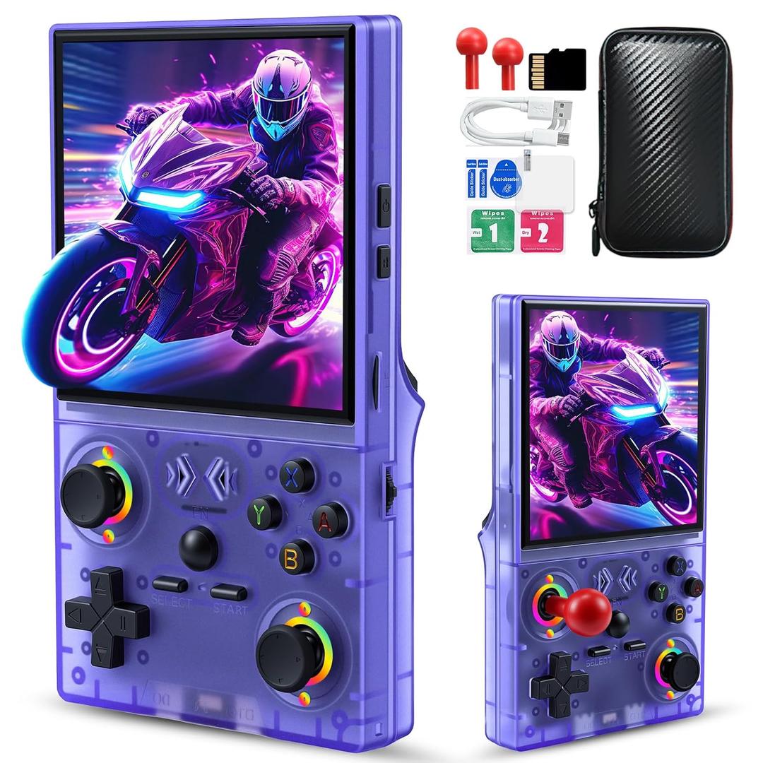 UYTGXEN XF40V Retro Handheld Game Console with 2*Detachable Long Joysticks, 4.0-Inch HD IPS Screen Retro Gaming Console, Preloaded Classic Games with Multiple Emulator, Pocket Video Gaming (Transparent Purple)