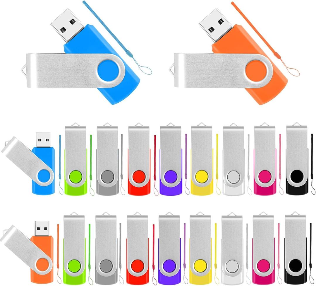 2GB USB Flash Drive Bulk, 20 Pack Thumb Drives Memory Stick Colorful Jump Drives Multipack Zip Pendrive with Lanyards, Swivel Memoria USB Drive Flashdrive for Home Office School Data Storage