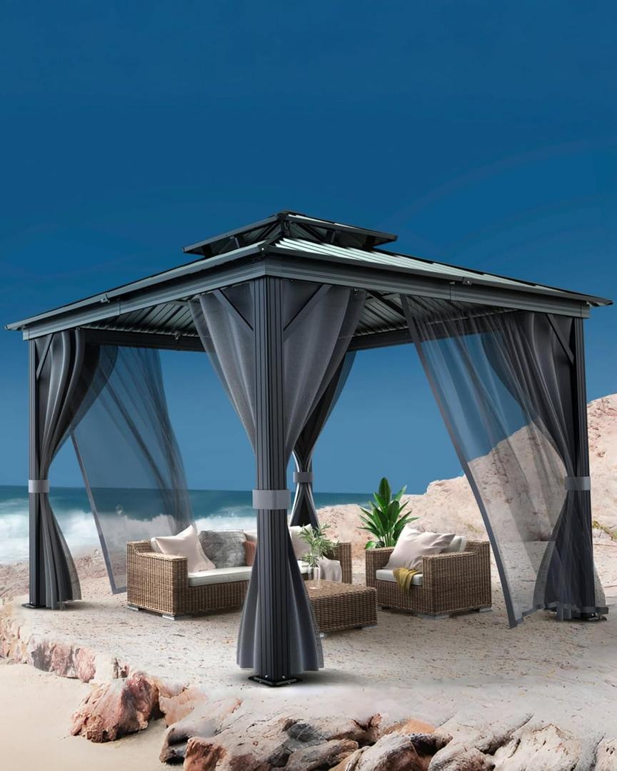 GarveeLife Outdoor Gazebo 8x8 Hardtop, Aluminum Frame Permanent Pavilion with Double Roof, Mosquito Netting & Privacy Curtains for Patio, Garden, Deck, Lawn and Backyard Parties (Gray)