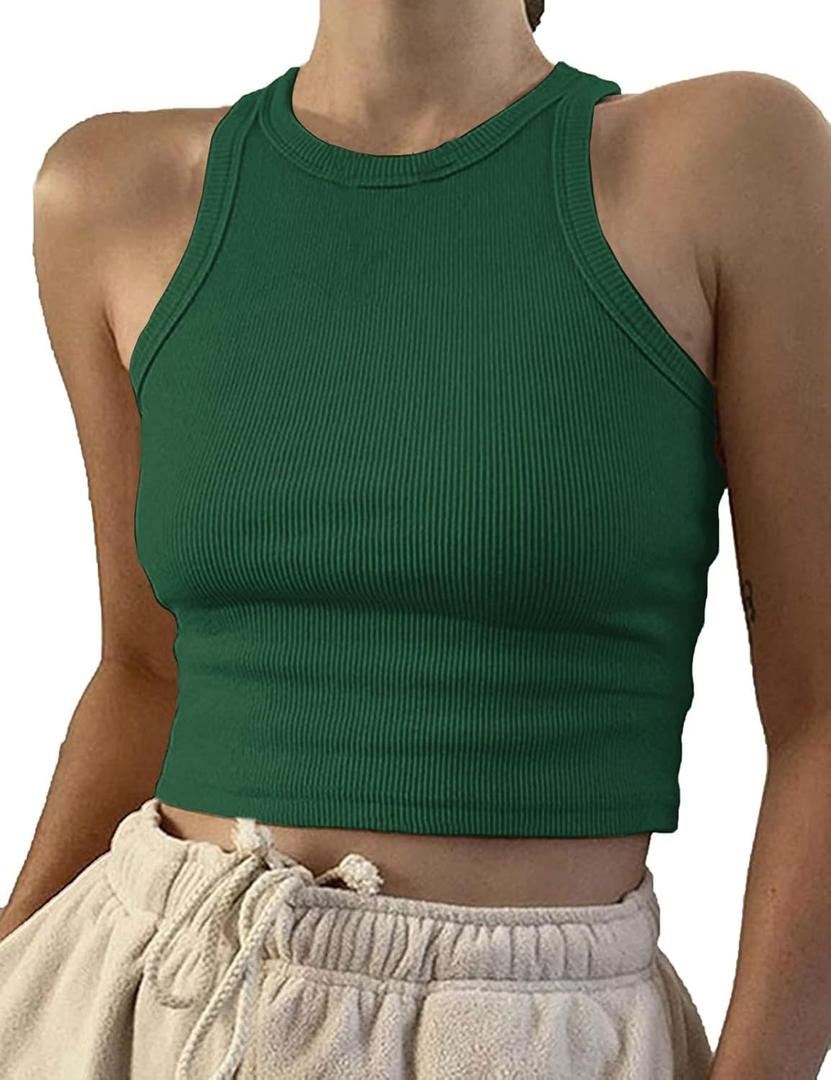 Artfish Women Casual Basic Sleeveless High Neck Rib-Knit Y2k Crop Tank Top (Small, 01# Dark Green)