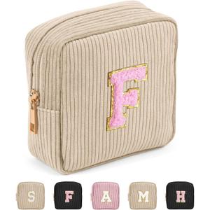 MAGEFY Makeup Bag for Purse Initial Bags with Zipper Mini Cosmetics Bag Corduroy Cute Cosmetic Pouch for Women with Slip-in Pockets (Beige-F)