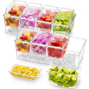 Lifewit 2 Pack Ice Chilled Condiment Caddy with 4 Containers(2.5 cup), Condiment Server with Separate Lids, Serving Tray Platter for Bar Accessories, Fruit, Salad, Taco, Party Garnish