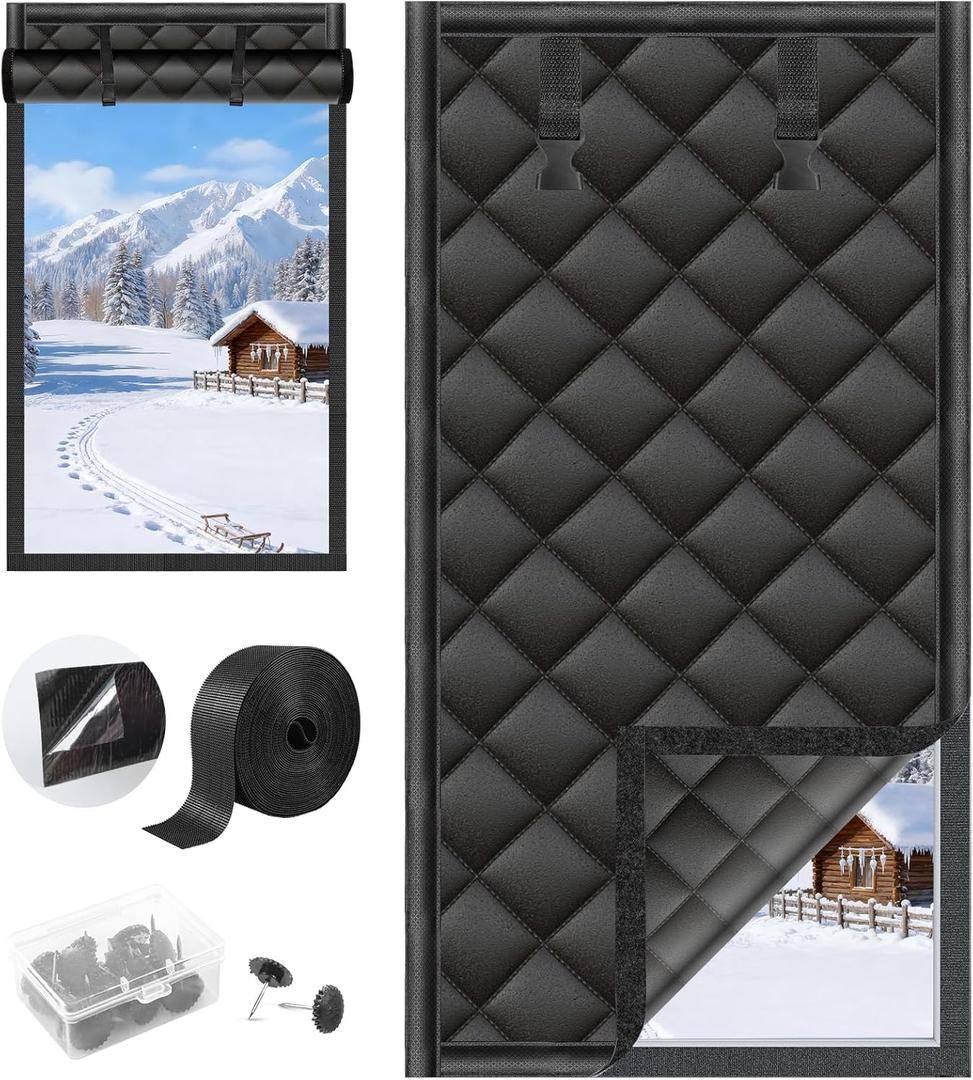 Window Insulation for Winter Insulated Window Cover Thermal Curtains Weatherproofing Insulated Curtains Cover with Outer Oxford Cloth Thicken Cotton Layer for Home RV Basement (47"x 63", Black)