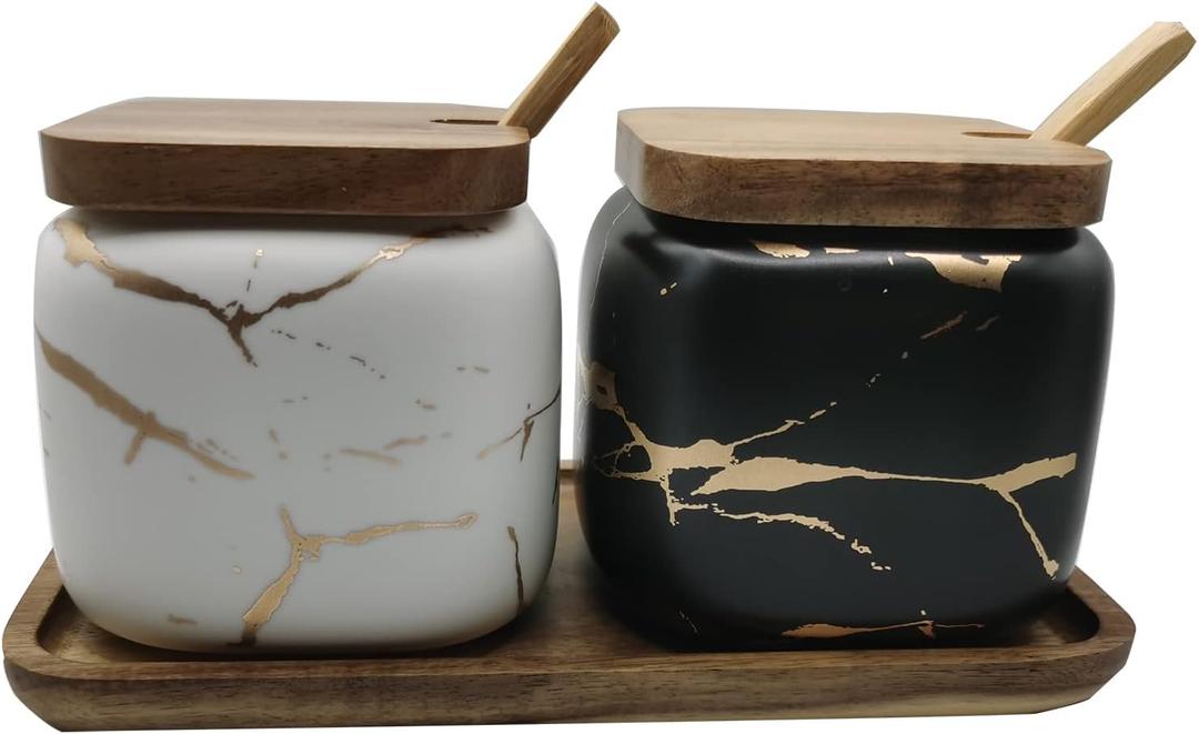2 Sets of Marble Ceramic Sugar Bowl Ceramic Seasoning Jars with Wooden Lid and Wooden Spoon, Black and White 