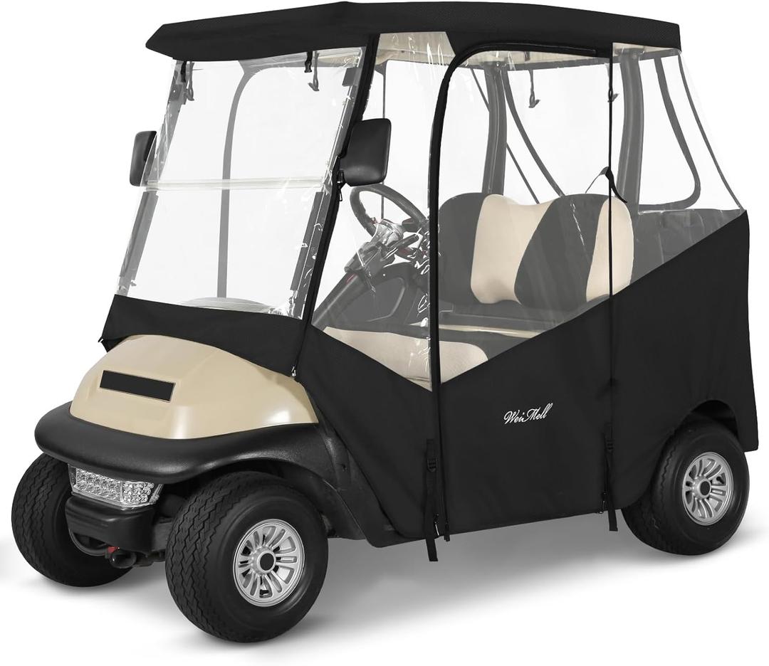 Golf Cart Enclosure 2 Passenger for Club Car Precedent Tempo Onward 2-Person Seaters 600D Waterproof Transparent Driving Rain Cover with 4-Sided Clear Windows Mirror Zipper Roll-Up Door Black
