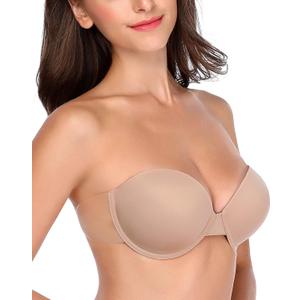Backless Strapless Push Up Bra for Women Thick Padded Sticky Underwired Bras Self Adhesive (Nude), D
