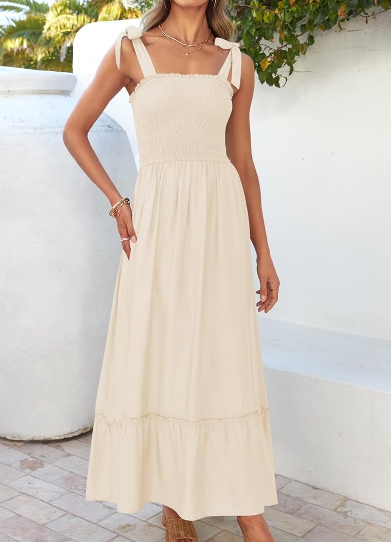 ZESICA Women's 2025 Summer Boho Spaghetti Strap Square Neck Solid Color Ruffle A Line Beach Long Maxi Dress size L, Apricot