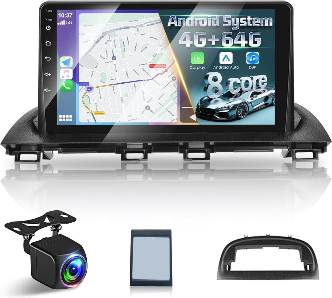 [8 Core 4+64G] Upgrade Android Radio for Mazda 3 Axela 2014-2019, 9 inch IPS Touchscreen Carplay Stereo - 3D Car Model, Cooling Fan, 5G/WiFi, DSP Hi-Res, Custom UI Design + AHD Backup Camera + Canbus