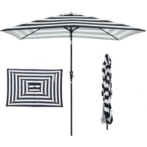 JEAREY 6.5x10 ft Rectangular Patio Umbrellas Rectangle Outdoor Umbrella with Push Button Tilt and Crank, Market Table Umbrella 6 Sturdy Ribs UV Protection for Poolside Garden Backyard Deck, Black-White Stripe