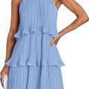 ZESICA Women's Summer Dresses 2026 Beach Casual Deep V Neck Loose Sundress Short Sleeve Mini Dress with Pockets Western Dress for Women Blue, X Large