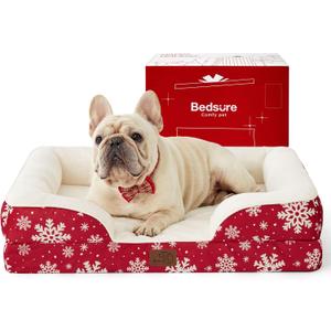 Bedsure Orthopedic Dog Bed for Medium Dogs - Waterproof Dog Sofa Beds Medium, Pet Couch Bed with Removable Washable Cover, Waterproof Lining and Nonskid Bottom, Red Blizzard (28.0"L x 23.0"W x 6.5"Th, Amber Noel-Red)