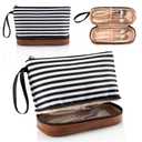 Ethereal Small Makeup Bag for Purse, Stripe Makeup Brush Organizer Bag Travel Make up Bags for Women Double Layer Makeup Pouch for Girls/Women, Nylon Black
